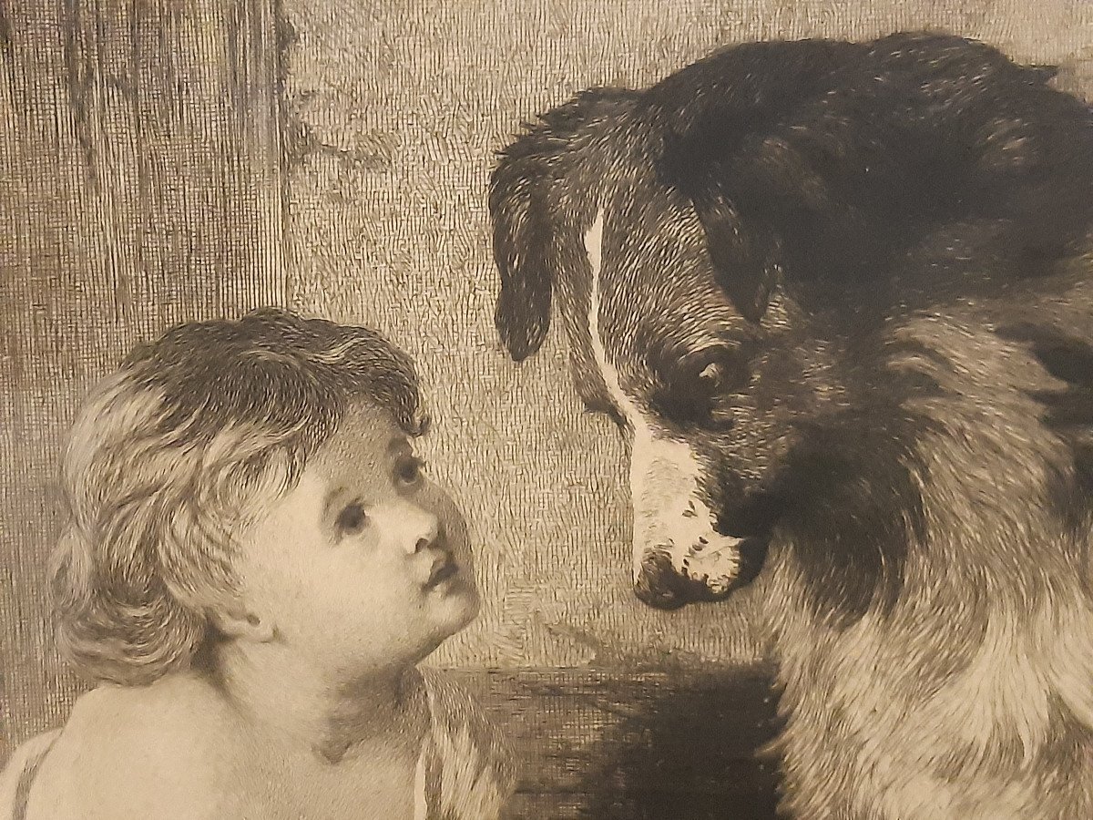 English Engraving Published By B.brooks In 1876 Child Dog Cat Observing Himself-photo-1