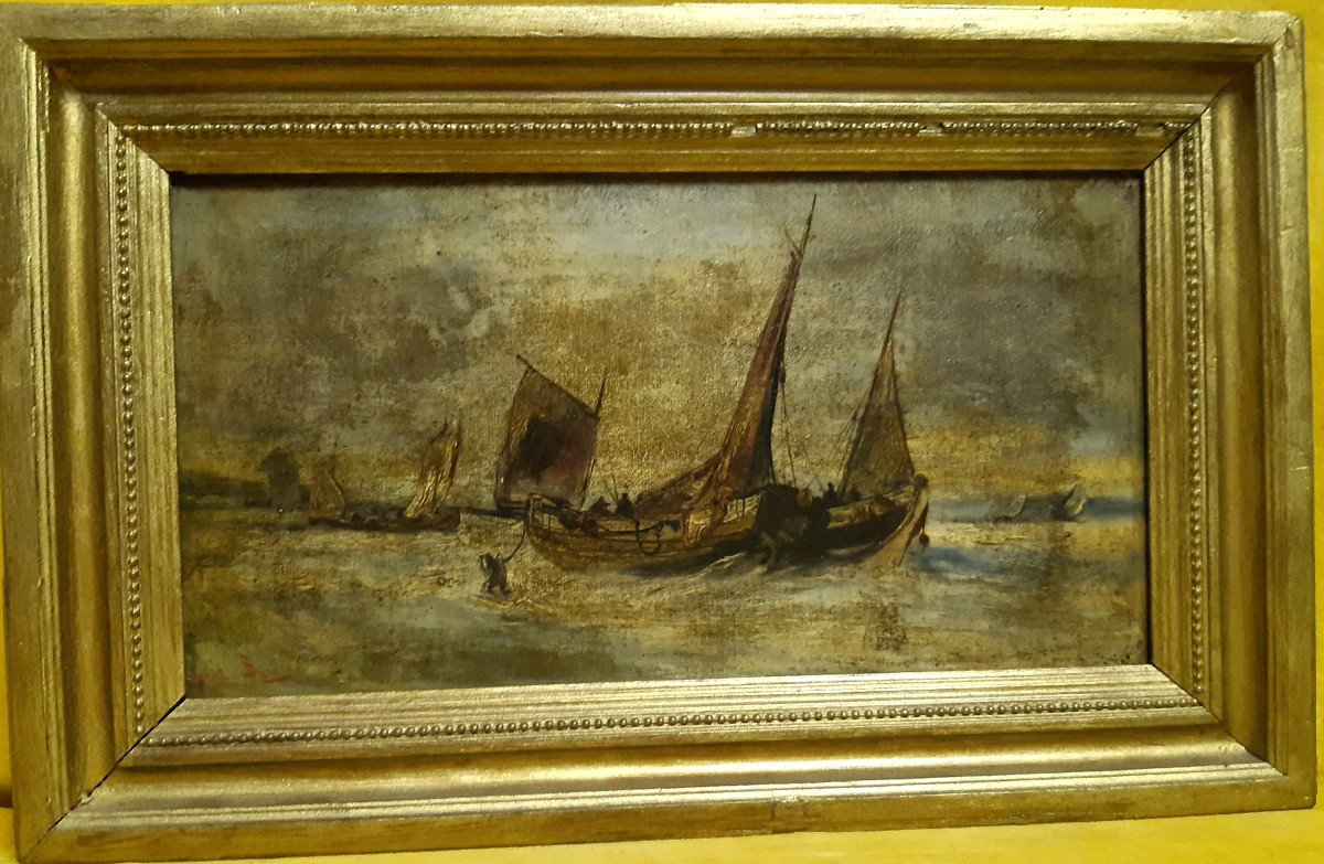 Huile sur Toile  Marine Bateaux de Pèche arrivant sur la Plage Encadrée de Karl BEN XIXéme-photo-6