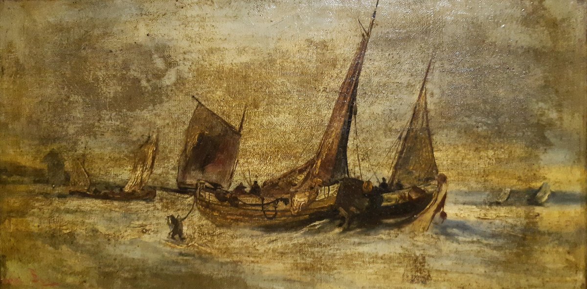 Huile sur Toile  Marine Bateaux de Pèche arrivant sur la Plage Encadrée de Karl BEN XIXéme