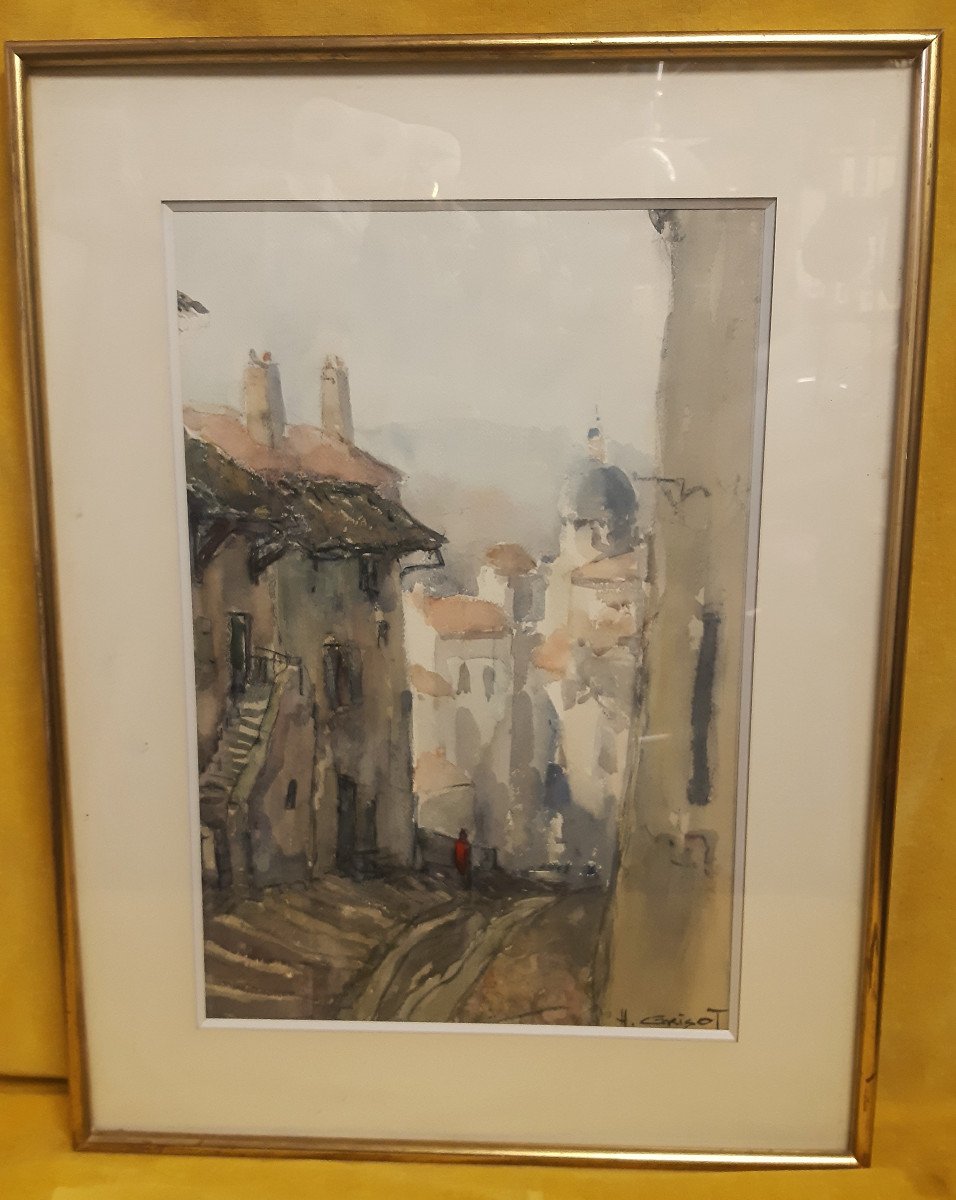 Watercolor By Lyonnais Painter Henry Grisot (1919-2014) Rue Casse-cou In Trevoux (ain)-photo-2