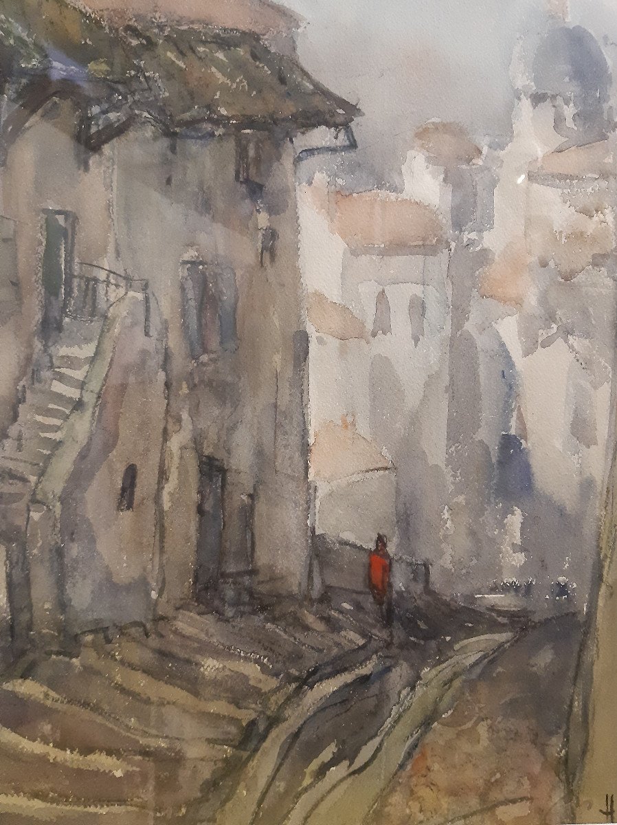 Watercolor By Lyonnais Painter Henry Grisot (1919-2014) Rue Casse-cou In Trevoux (ain)-photo-3