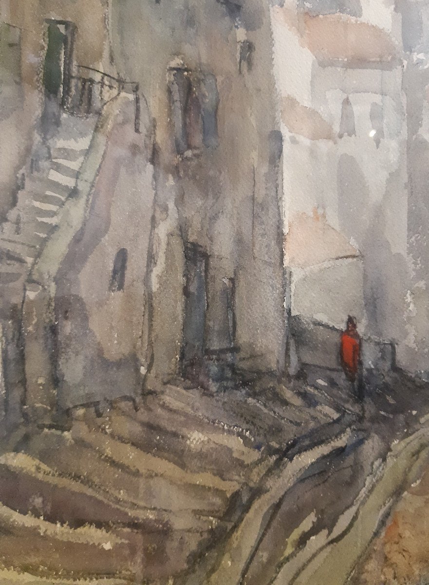 Watercolor By Lyonnais Painter Henry Grisot (1919-2014) Rue Casse-cou In Trevoux (ain)-photo-4