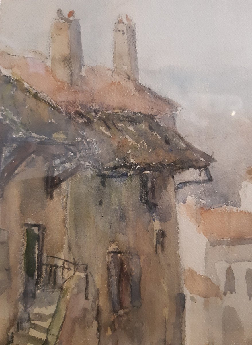 Watercolor By Lyonnais Painter Henry Grisot (1919-2014) Rue Casse-cou In Trevoux (ain)-photo-1