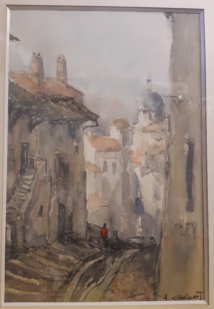 Watercolor By Lyonnais Painter Henry Grisot (1919-2014) Rue Casse-cou In Trevoux (ain)-photo-6