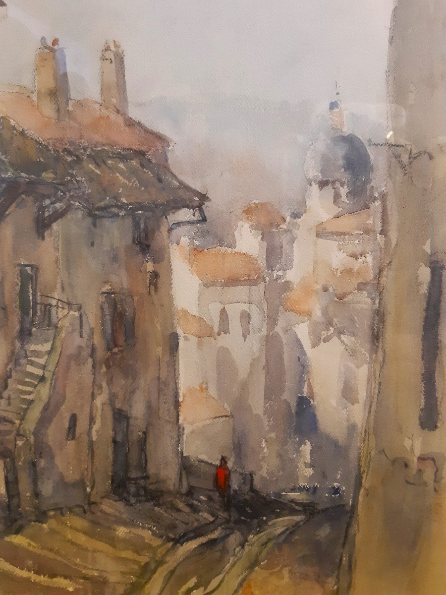 Watercolor By Lyonnais Painter Henry Grisot (1919-2014) Rue Casse-cou In Trevoux (ain)