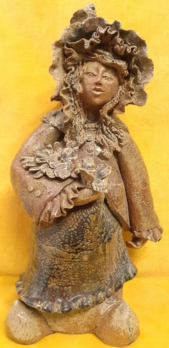 Grande Sculpture en Grés émaillée (49 Cm)" Femme aux Oiseaux "Atelier CATIDO La Borne 20éme-photo-2