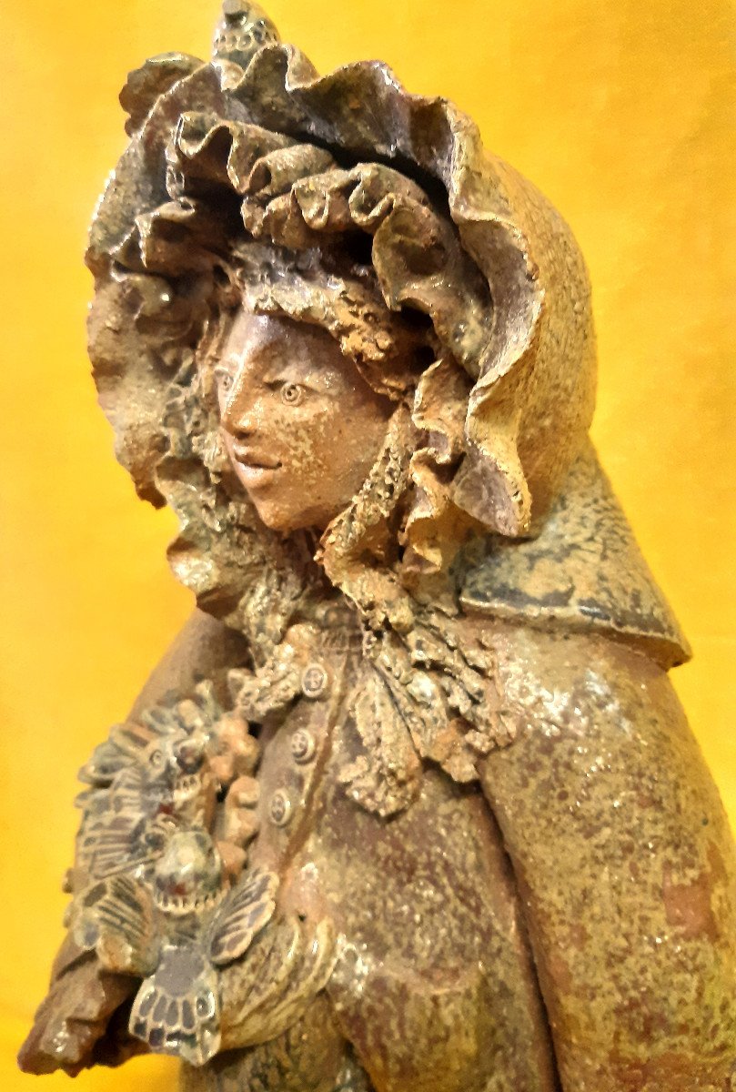 Grande Sculpture en Grés émaillée (49 Cm)" Femme aux Oiseaux "Atelier CATIDO La Borne 20éme-photo-3