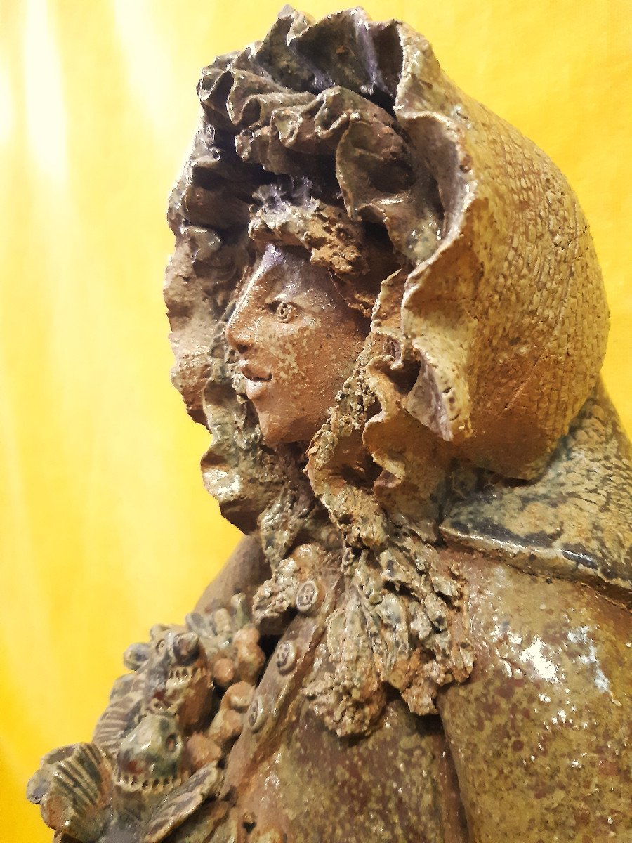 Grande Sculpture en Grés émaillée (49 Cm)" Femme aux Oiseaux "Atelier CATIDO La Borne 20éme-photo-5