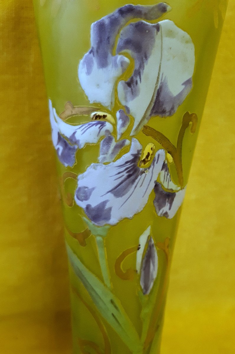 Grand Vase Legras Montjoie St Denis Soufflé émaillé Iris 1900 Art Nouveau-photo-2