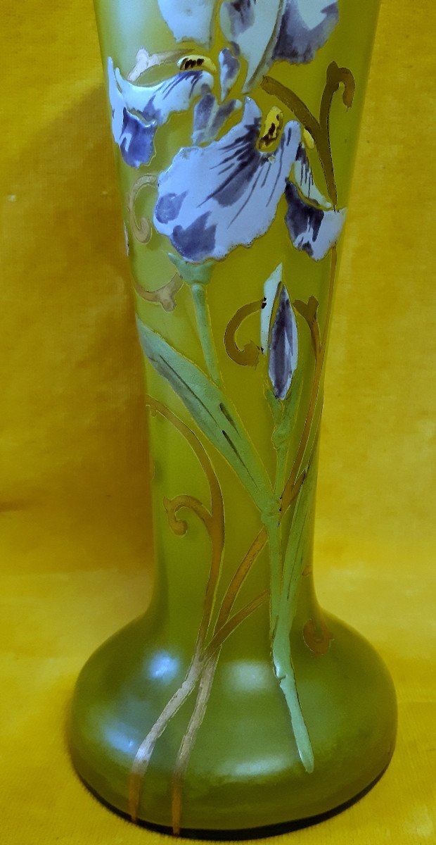 Grand Vase Legras Montjoie St Denis Soufflé émaillé Iris 1900 Art Nouveau-photo-2