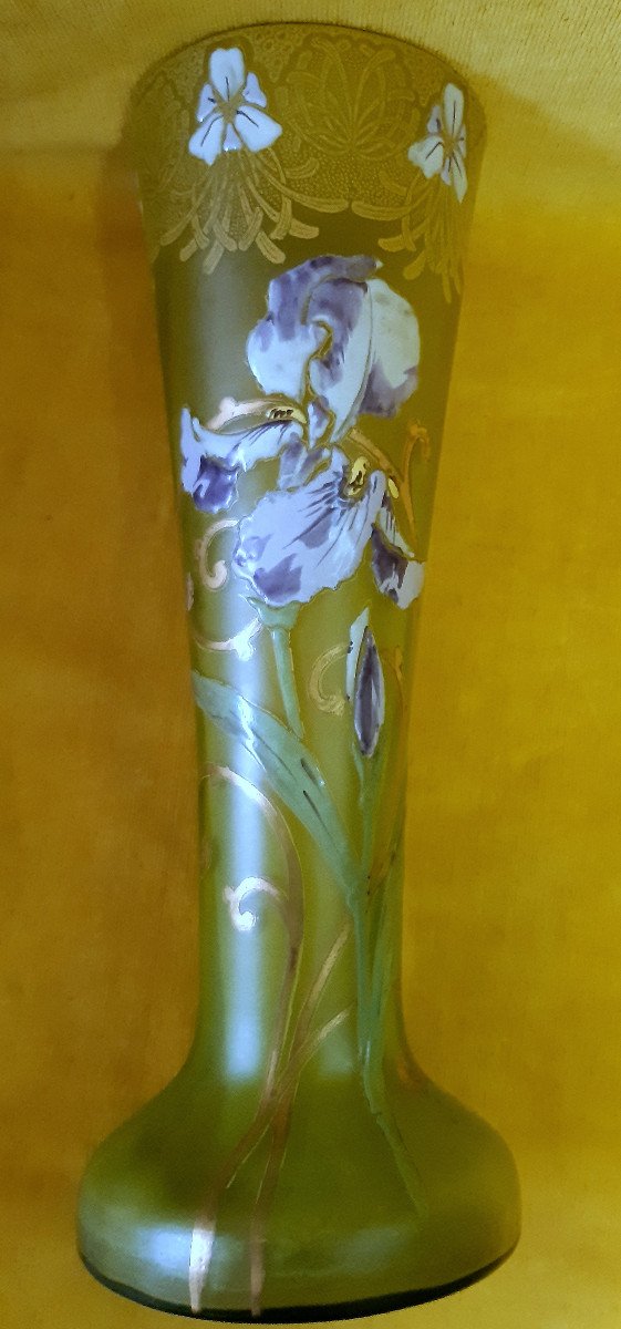 Grand Vase Legras Montjoie St Denis Soufflé émaillé Iris 1900 Art Nouveau-photo-6