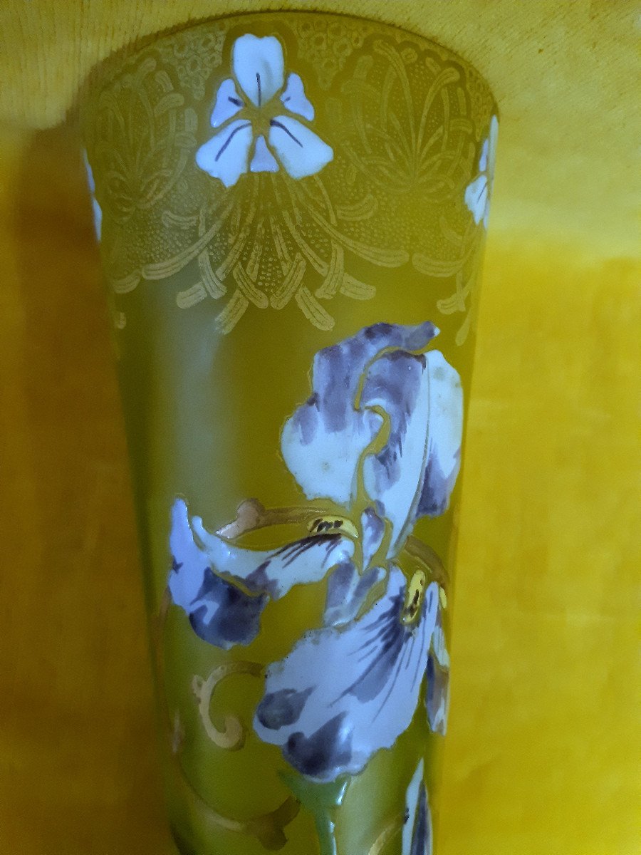 Grand Vase Legras Montjoie St Denis Soufflé émaillé Iris 1900 Art Nouveau-photo-7