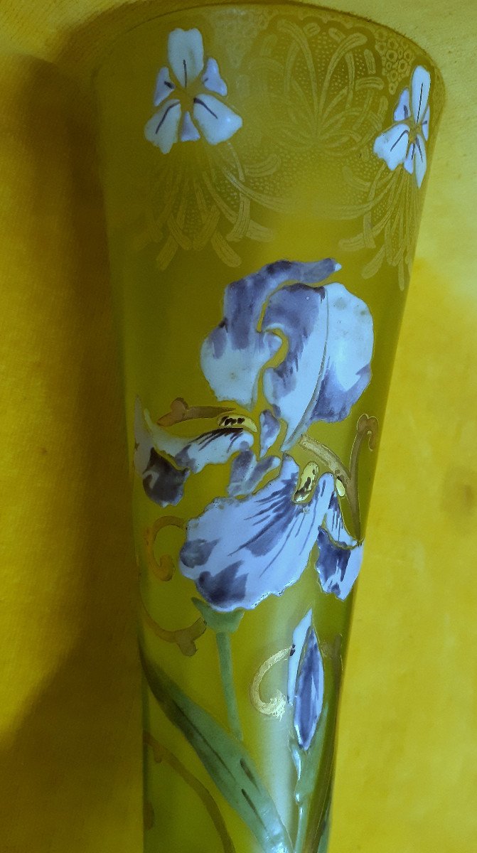 Grand Vase Legras Montjoie St Denis Soufflé émaillé Iris 1900 Art Nouveau-photo-8