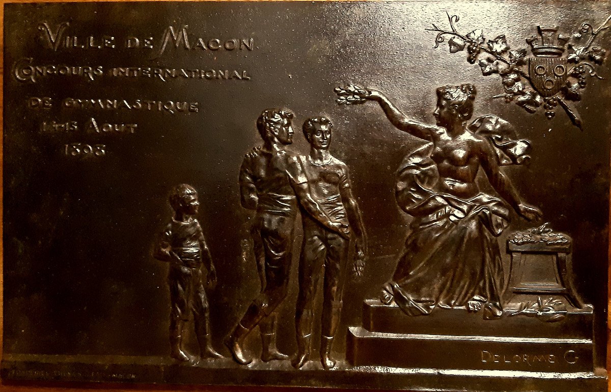 Large Bronze Plaque On Wood Gymnastics Competition 1898 In Mâcon By G. Delorme (1843-1907)-photo-2