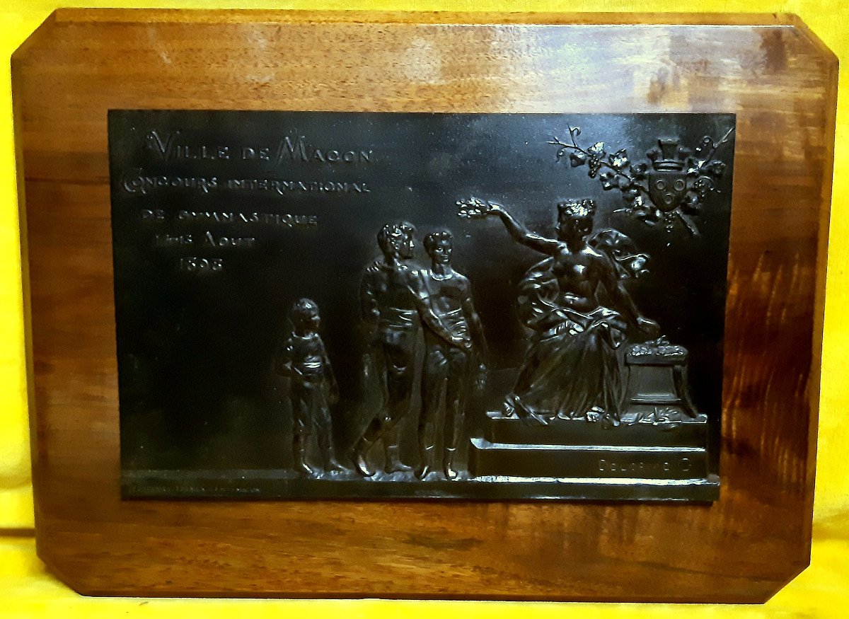 Large Bronze Plaque On Wood Gymnastics Competition 1898 In Mâcon By G. Delorme (1843-1907)