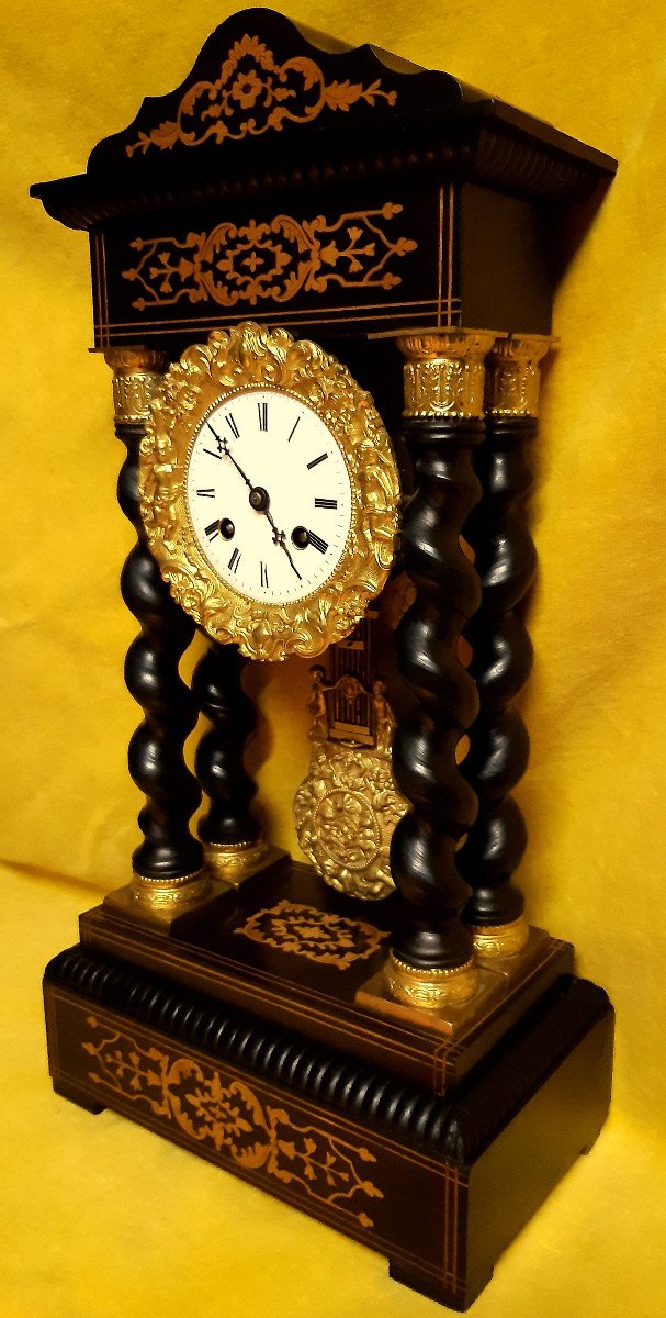 Louis Japy Portico Clock Twisted Columns Clear Marquetry Gilt Bronze Napoleon III-photo-3