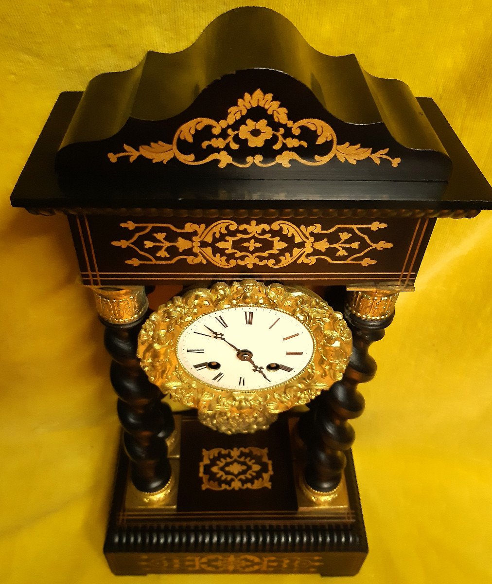 Louis Japy Portico Clock Twisted Columns Clear Marquetry Gilt Bronze Napoleon III-photo-5