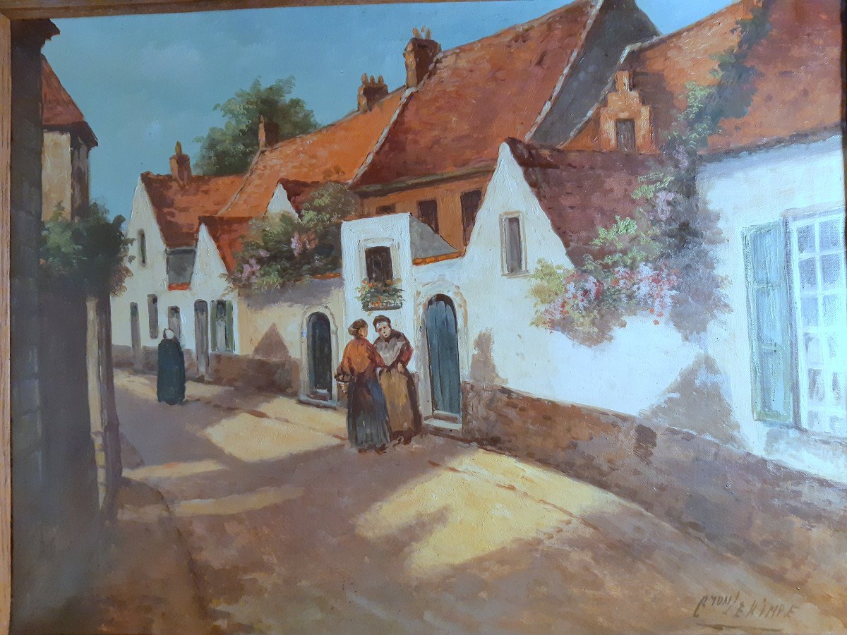 Huile sur toile rue de village du Nord du peintre belge Gaston LEKIMPE (Fin 19éme -20éme)-photo-2
