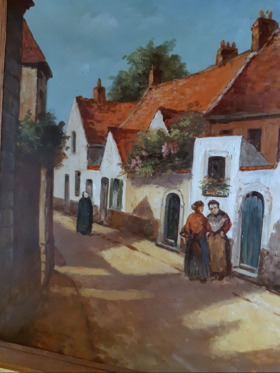 Huile sur toile rue de village du Nord du peintre belge Gaston LEKIMPE (Fin 19éme -20éme)-photo-4
