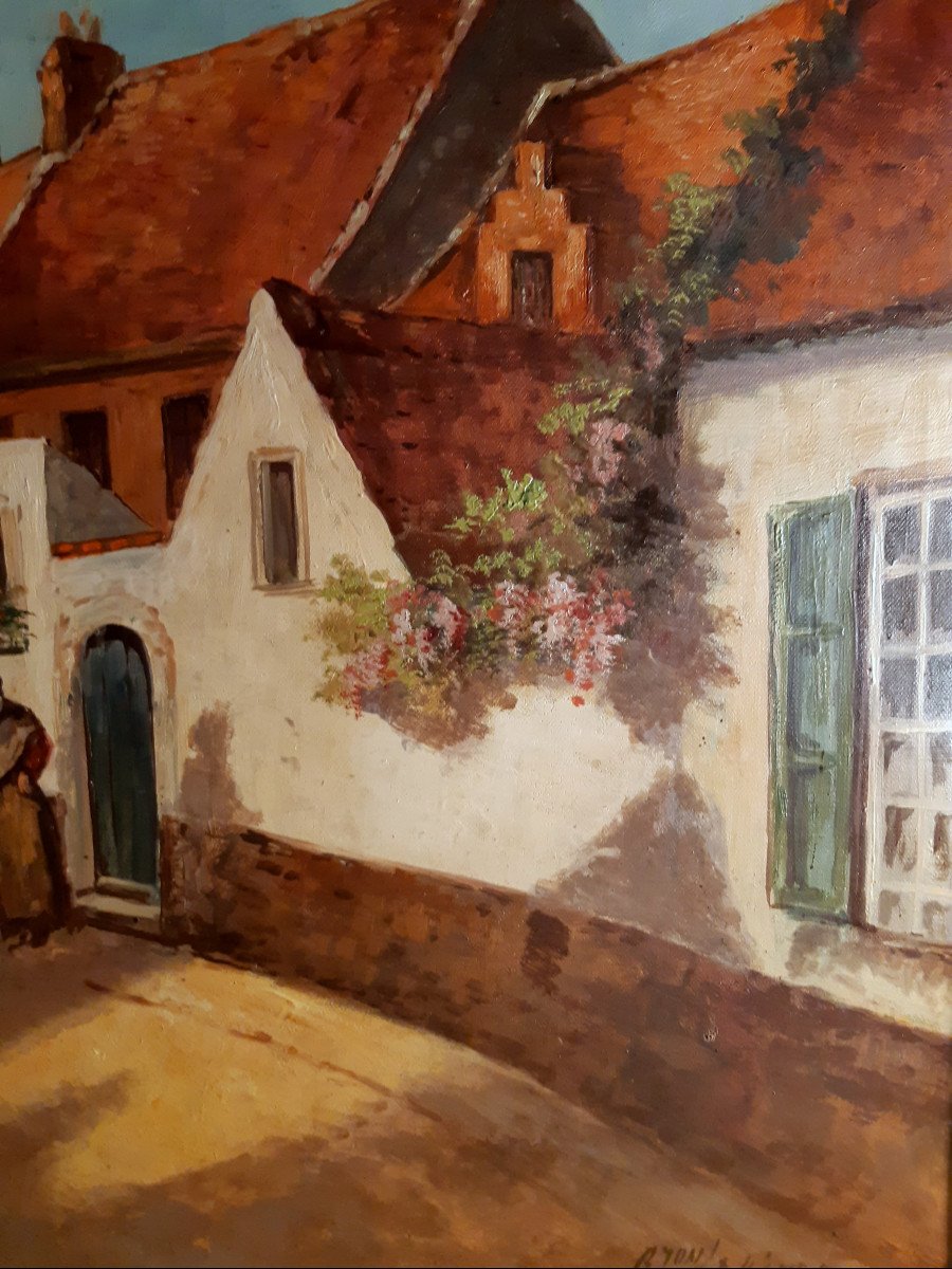 Huile sur toile rue de village du Nord du peintre belge Gaston LEKIMPE (Fin 19éme -20éme)-photo-5