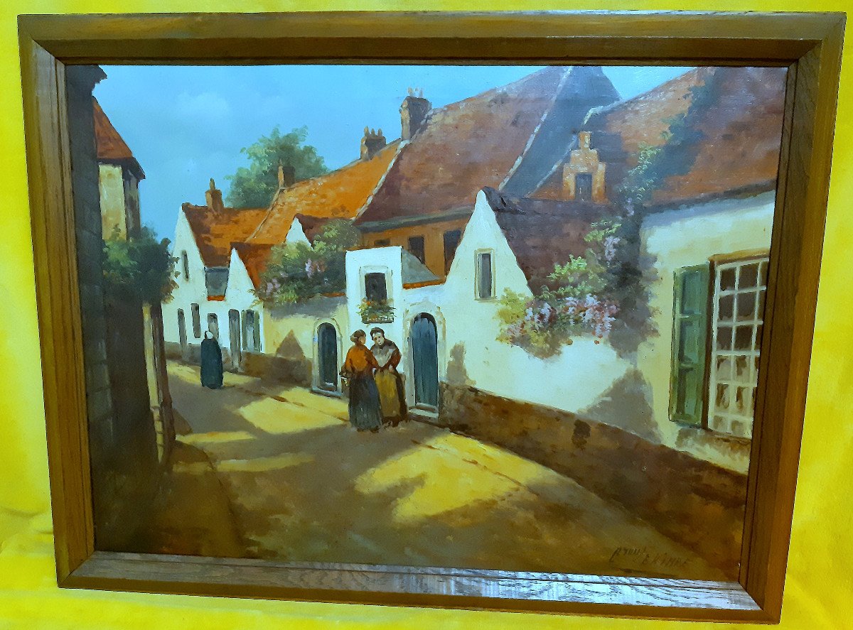 Huile sur toile rue de village du Nord du peintre belge Gaston LEKIMPE (Fin 19éme -20éme)