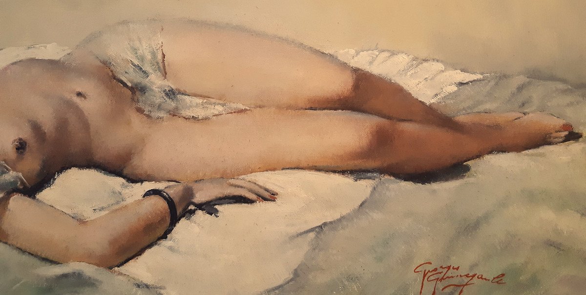 Huile sur Toile Modèle Nu Alangui sur un Lit de Georges Pierre Guinegault (1893-1983)-photo-4