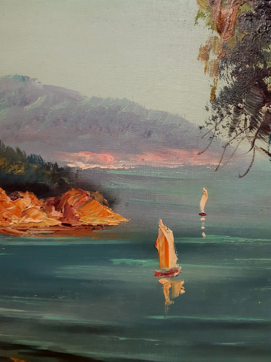 Marine Oil On Canvas Bay With Boats By Pierre Dumont (1920-1987) -photo-1
