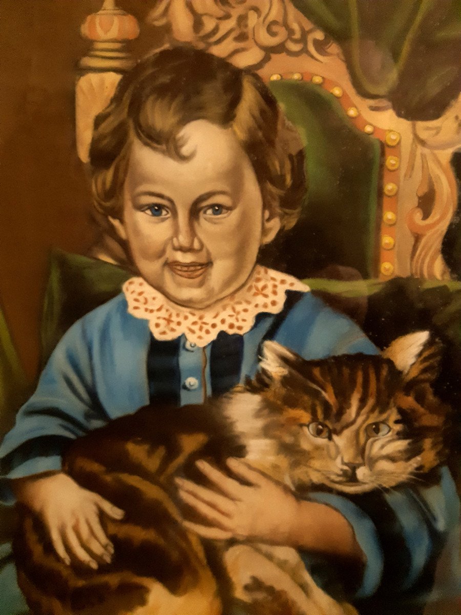 Grand Pastel Encadré 1869  « Le Bon Camarade » Enfant Avec Un Gros Chat Dans Les Bras, 19éme -photo-2