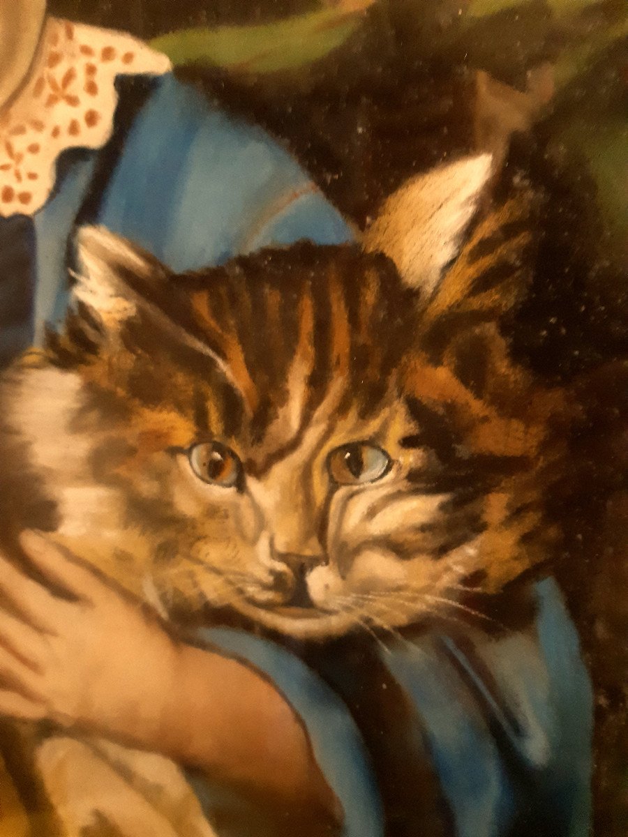 Grand Pastel Encadré 1869  « Le Bon Camarade » Enfant Avec Un Gros Chat Dans Les Bras, 19éme -photo-4
