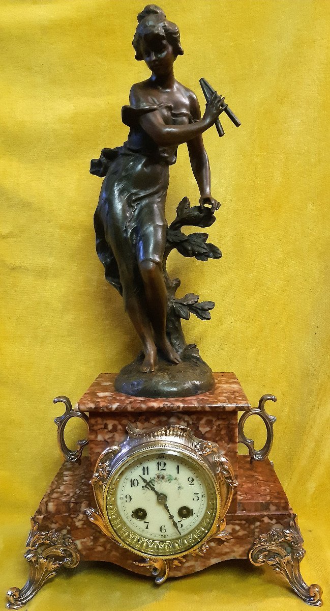 Art Nouveau Clock Musician Allegory "1900" Muse Of The Woods With Flute By Charles Vely