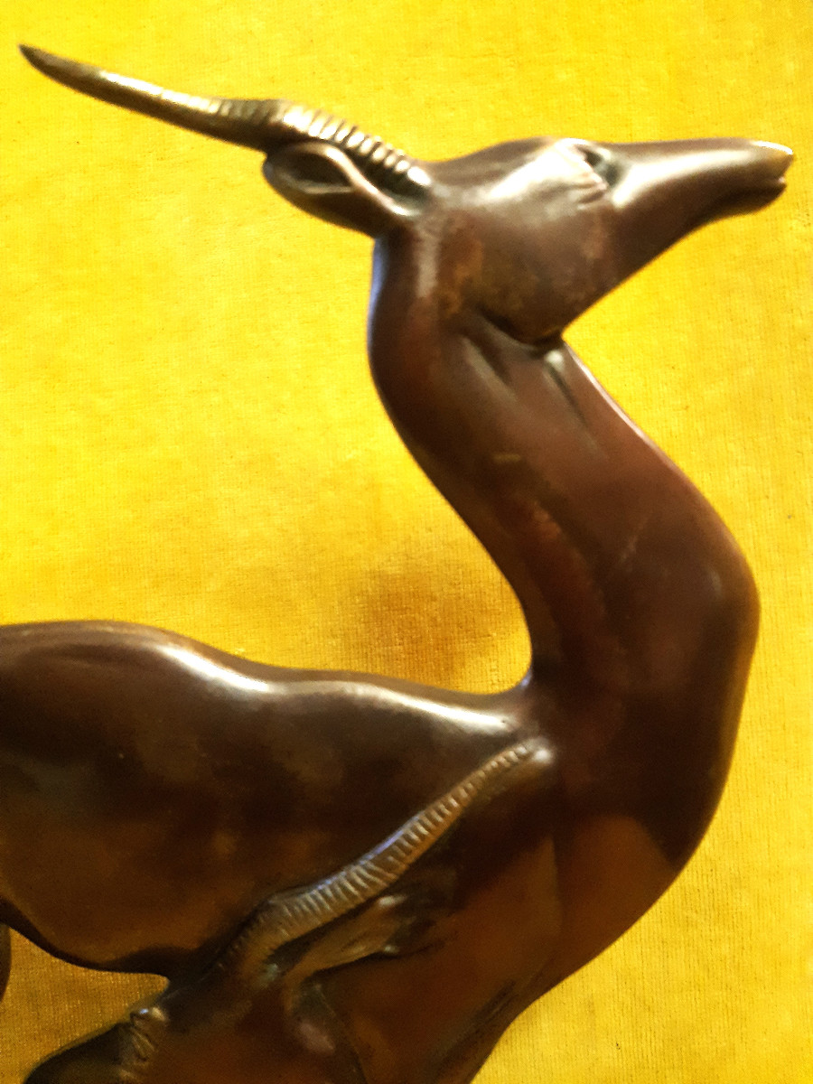 Double-sided Sculpture Stylized Antelope Couple Bronze Patina Medal Gilded Art Deco 1930-photo-4