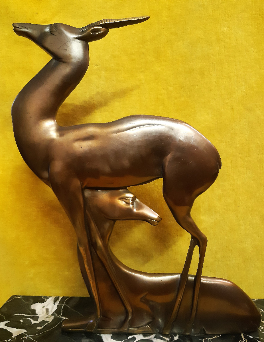 Double-sided Sculpture Stylized Antelope Couple Bronze Patina Medal Gilded Art Deco 1930-photo-2
