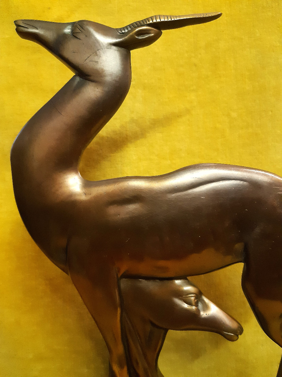 Double-sided Sculpture Stylized Antelope Couple Bronze Patina Medal Gilded Art Deco 1930-photo-4