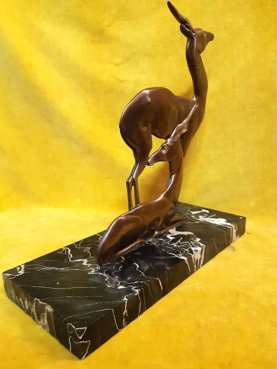 Double-sided Sculpture Stylized Antelope Couple Bronze Patina Medal Gilded Art Deco 1930-photo-6