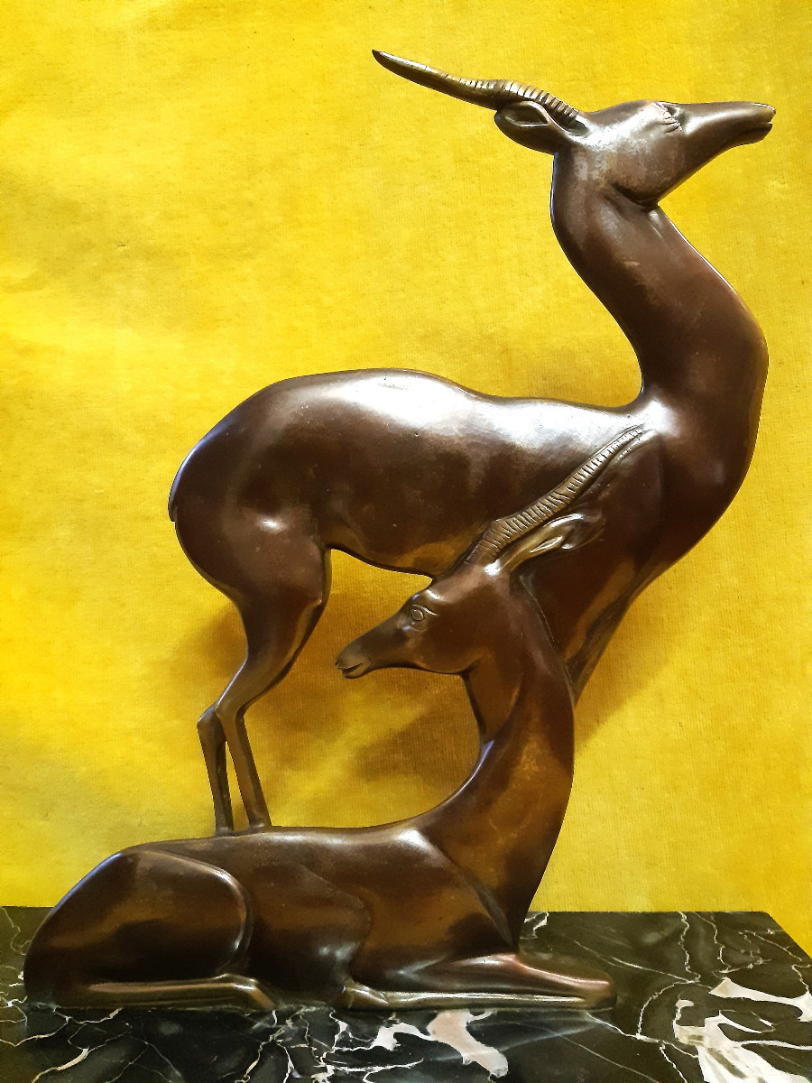 Double-sided Sculpture Stylized Antelope Couple Bronze Patina Medal Gilded Art Deco 1930