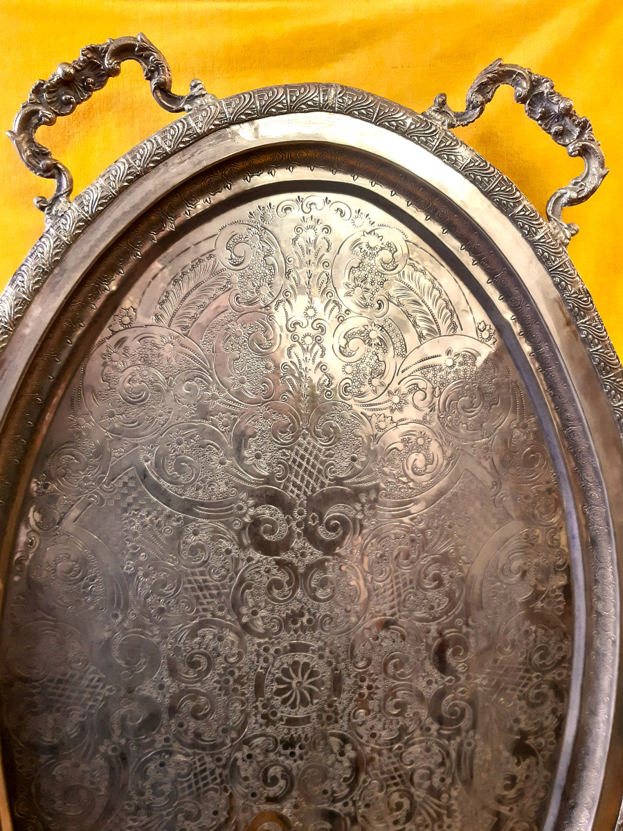 Very Large Oval Silver Serving Tray, Hammered Ornamentation, Artisanal St Lxv 19/20th -photo-3