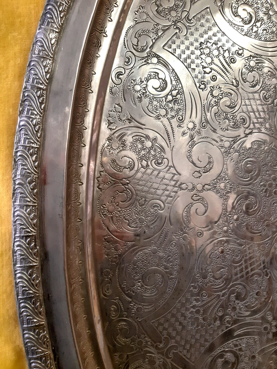 Very Large Oval Silver Serving Tray, Hammered Ornamentation, Artisanal St Lxv 19/20th -photo-1