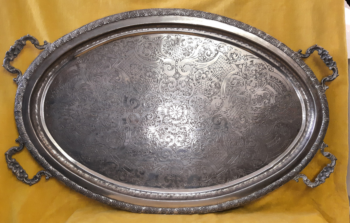 Very Large Oval Silver Serving Tray, Hammered Ornamentation, Artisanal St Lxv 19/20th 