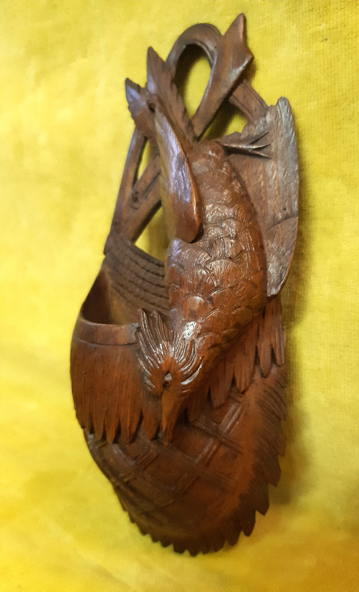 Hunting Game Bag With Bird, Wooden Pocket, Fine Black Forest Sculpture 19/20th Century -photo-3