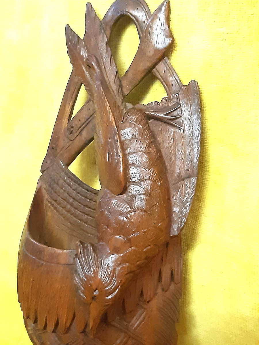 Hunting Game Bag With Bird, Wooden Pocket, Fine Black Forest Sculpture 19/20th Century -photo-1