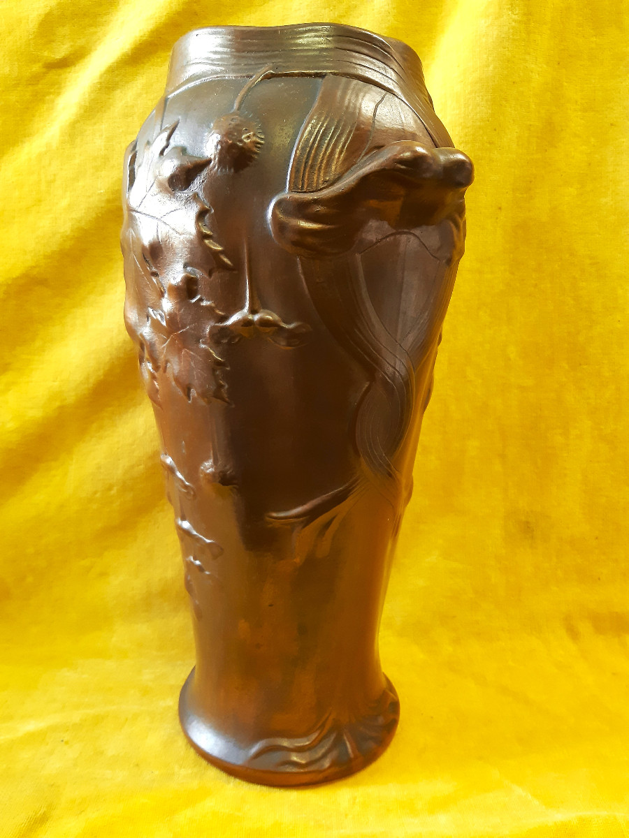 Baluster Vase Barbotine Five Lille Electroplating Art Nouveau By G.de Bruyn (1838-1916)-photo-2