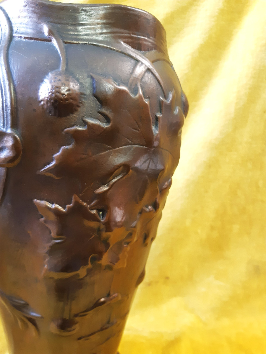Baluster Vase Barbotine Five Lille Electroplating Art Nouveau By G.de Bruyn (1838-1916)-photo-6
