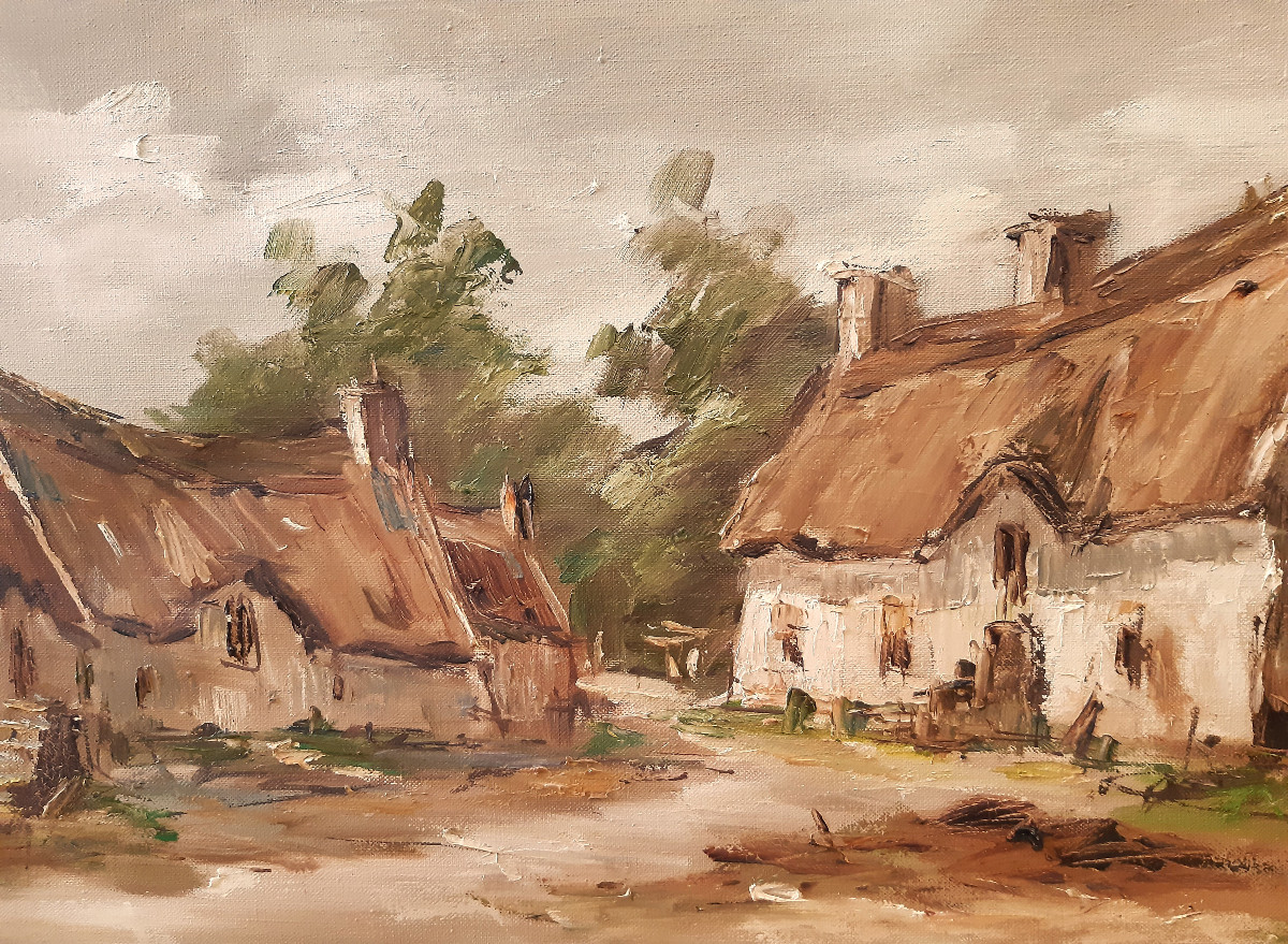 Large Oil On Canvas Breton Farms Thatched Cottages By Etienne Bellan (1922-2000) -photo-4