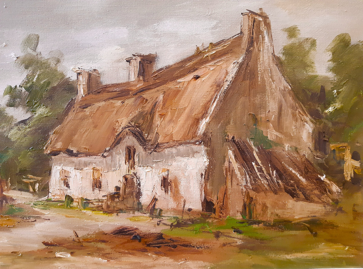 Large Oil On Canvas Breton Farms Thatched Cottages By Etienne Bellan (1922-2000) -photo-1