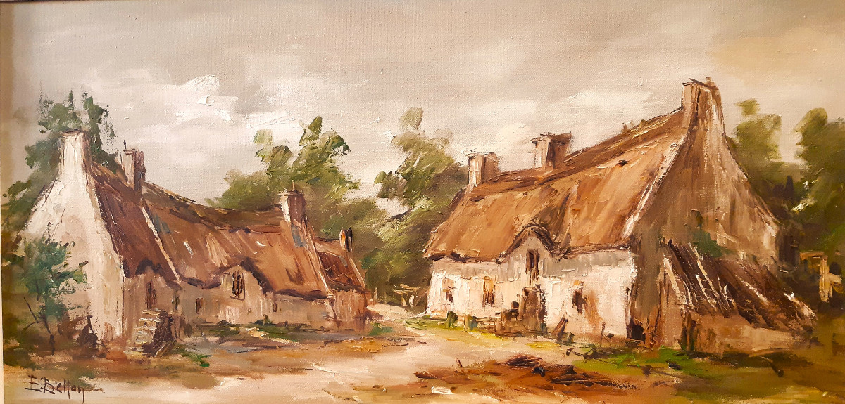 Large Oil On Canvas Breton Farms Thatched Cottages By Etienne Bellan (1922-2000) 