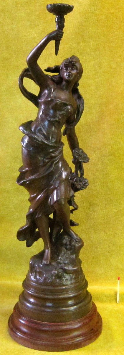 Sculpture A. Moreau Young Woman Holding A Torch 19th-photo-2