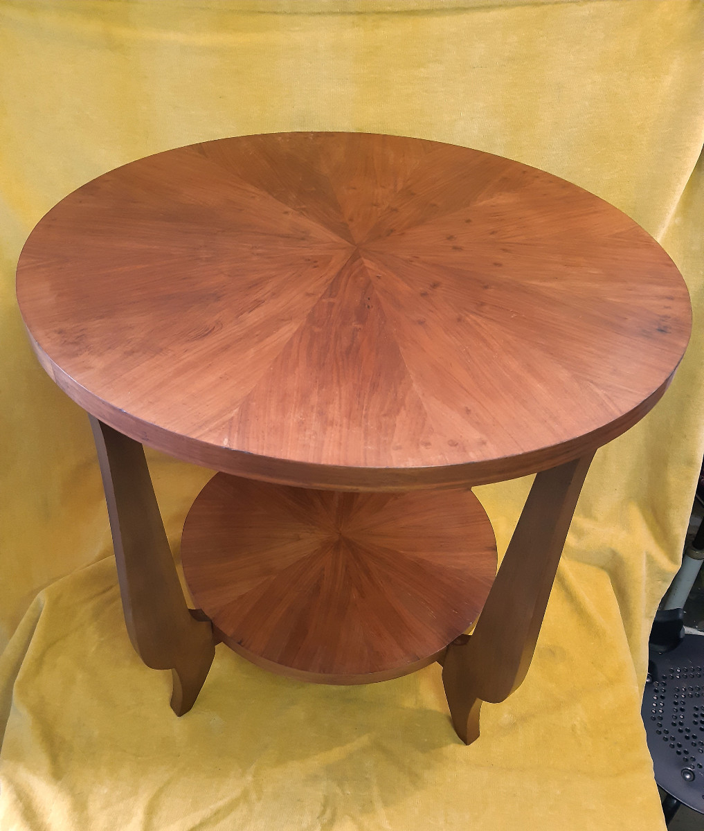 Round Art Deco Pedestal Table 1930-50 Blond Mahogany 4 Curved Legs Radiant Top-photo-2