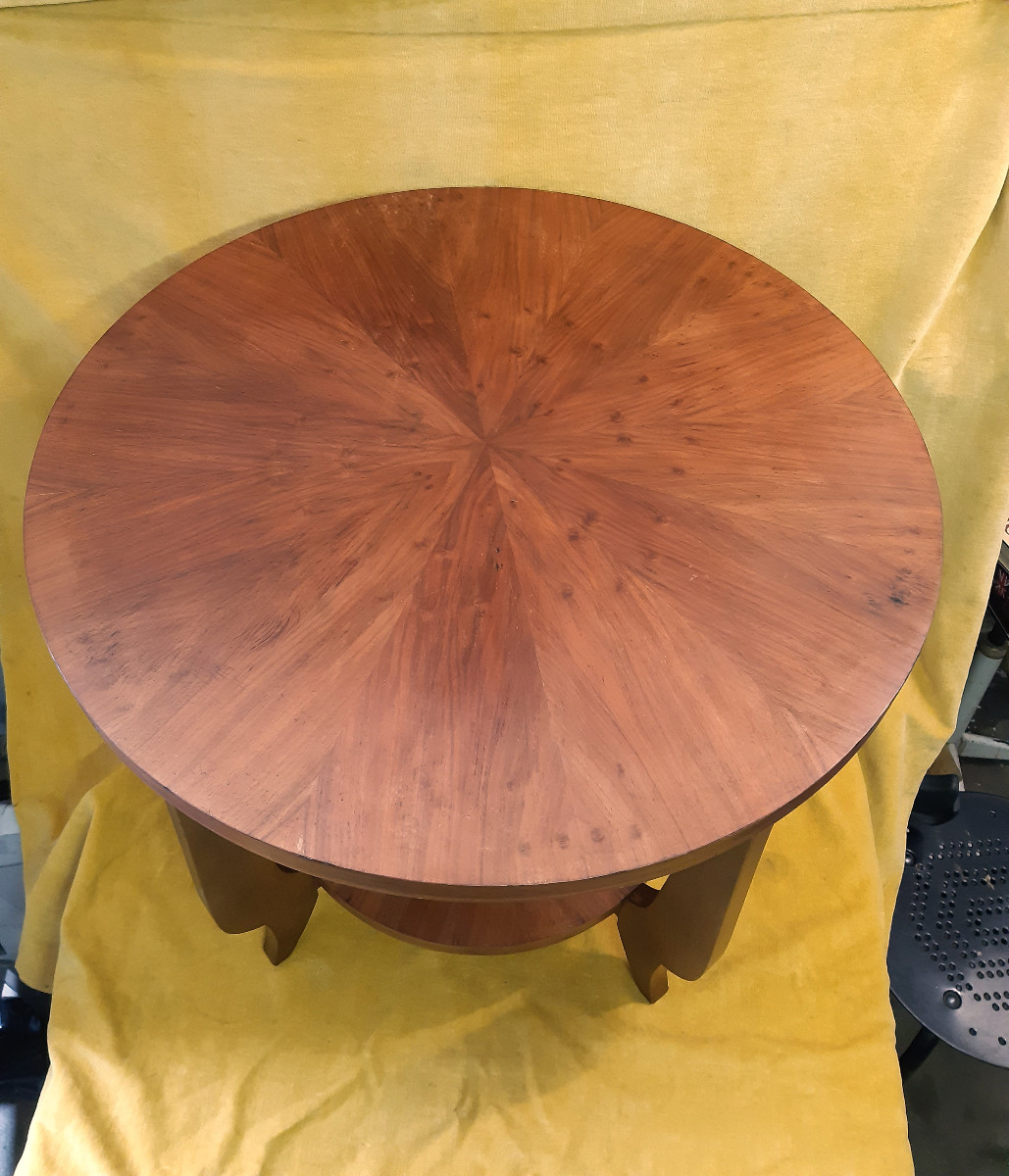 Round Art Deco Pedestal Table 1930-50 Blond Mahogany 4 Curved Legs Radiant Top-photo-3