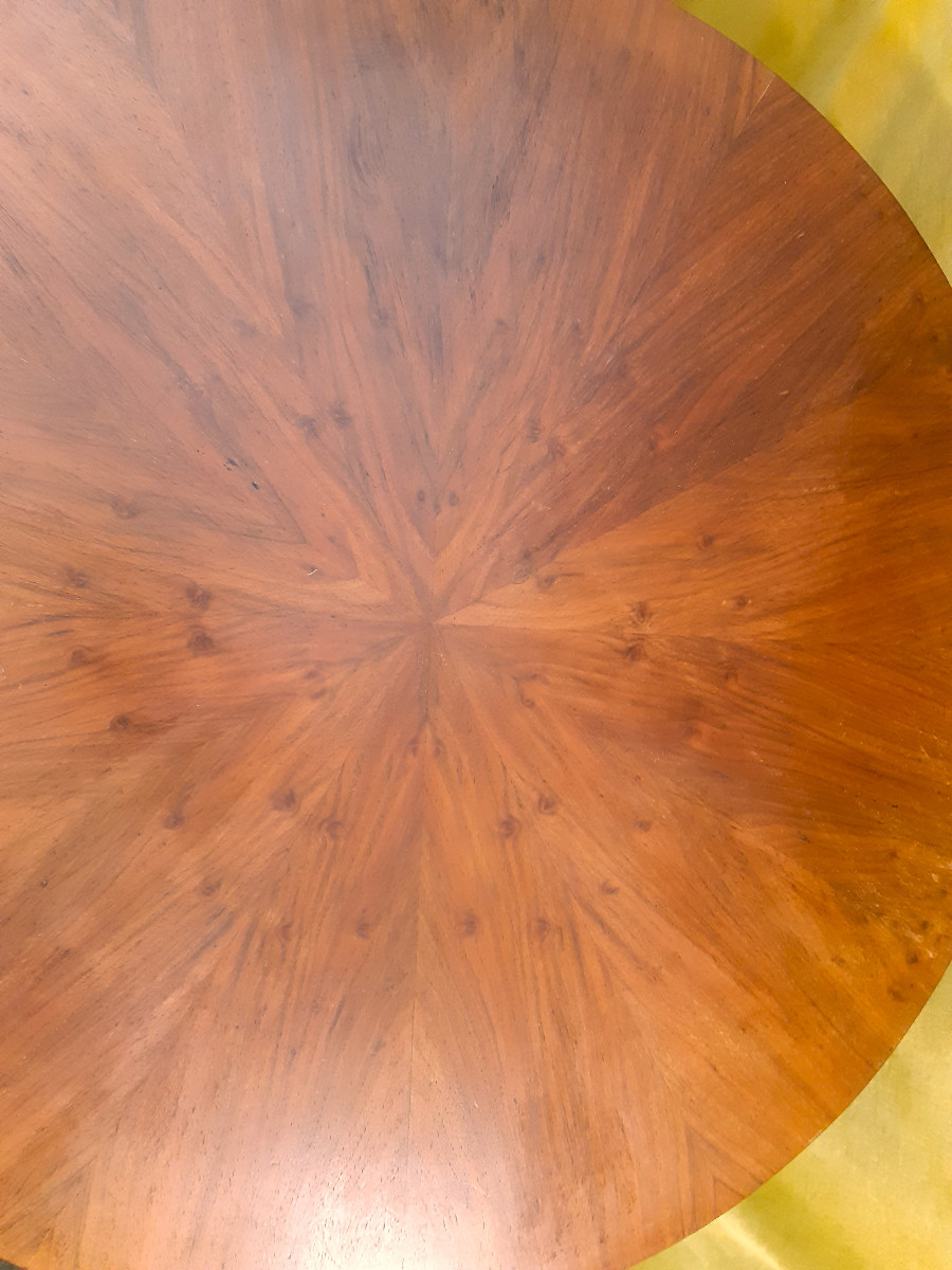 Round Art Deco Pedestal Table 1930-50 Blond Mahogany 4 Curved Legs Radiant Top-photo-4