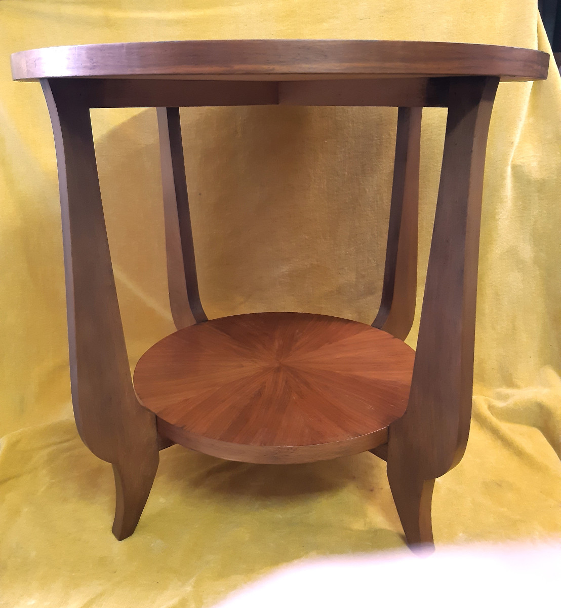 Round Art Deco Pedestal Table 1930-50 Blond Mahogany 4 Curved Legs Radiant Top-photo-1